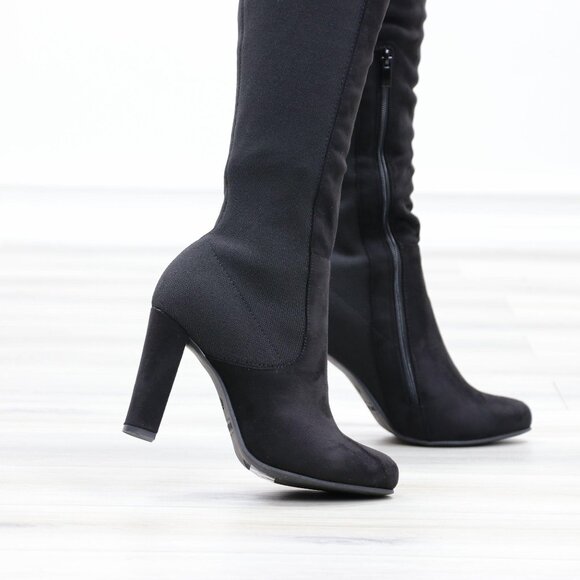 Heel Thigh High Boots Womens Over The Knee Suede & Stretchy Material Mix - Picture 6 of 13